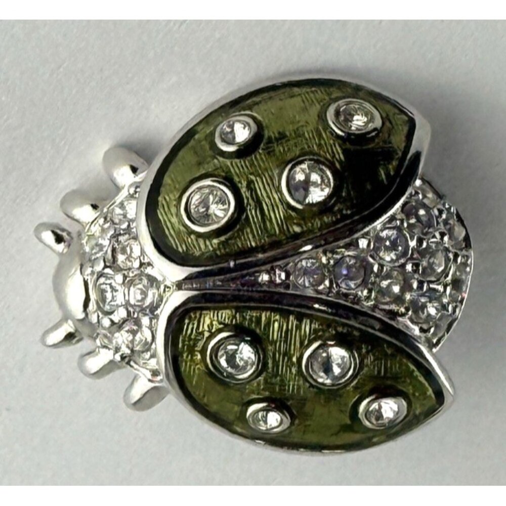 SWAROVSKI LADYBUG Brooch Pin Green Enamel & Crystal Pave Swan Signed-Pretty